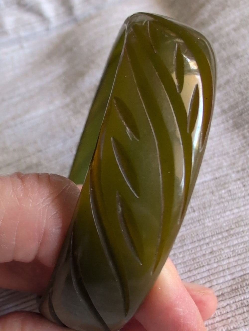 Vintage Olive Green Carved Bakelite Bangle Bracelet